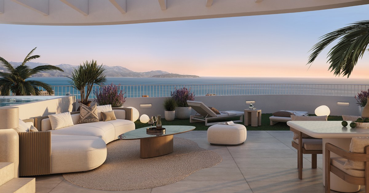Privéterras van een penthouse met zicht op zee